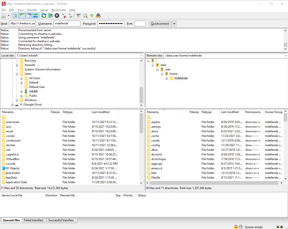 Remote connection showing on the right side of the FileZilla window.