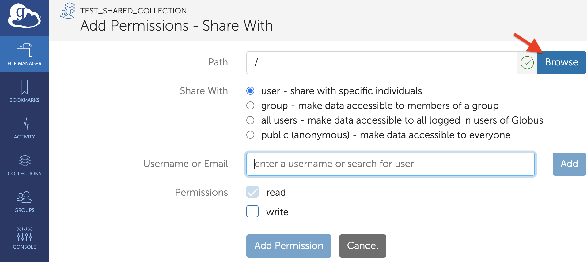 Test endpoint Add Permissions Share With form.