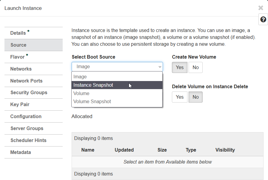 launch instance dialog on source tab with instance snapshot selected in select boot source drow down